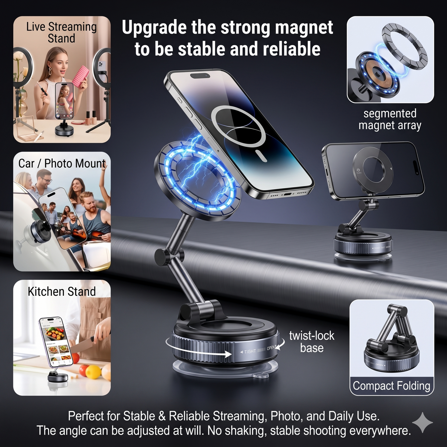 Universal Magnetic Phone Mount, Foldable 3-Axis Adjustable MagSafe Stand with Upgraded Suction Cup, 360° Rotation Multi-Purpose Phone Holder for Car Dashboard, Desk, Kitchen, and Live Streaming - Black