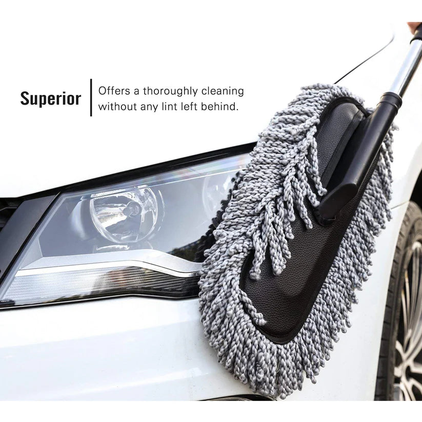 Premium Microfiber Car Duster with Stainless Steel Handle – Scratch-Free Exterior & Interior Auto Cleaning Brush – Wet/Dry Use, Anti-Slip EVA Grip, Synthetic Leather Detail (Grey)