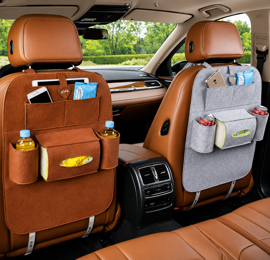 Car Seat Back Organizer | Multi-Pocket Rear Storage for Mobile, Pen, Bottles, Tissue Box, Books, Lunch Box, Universal Back Seat Organizer Hanger for All Cars | Multicolor | grey or brown