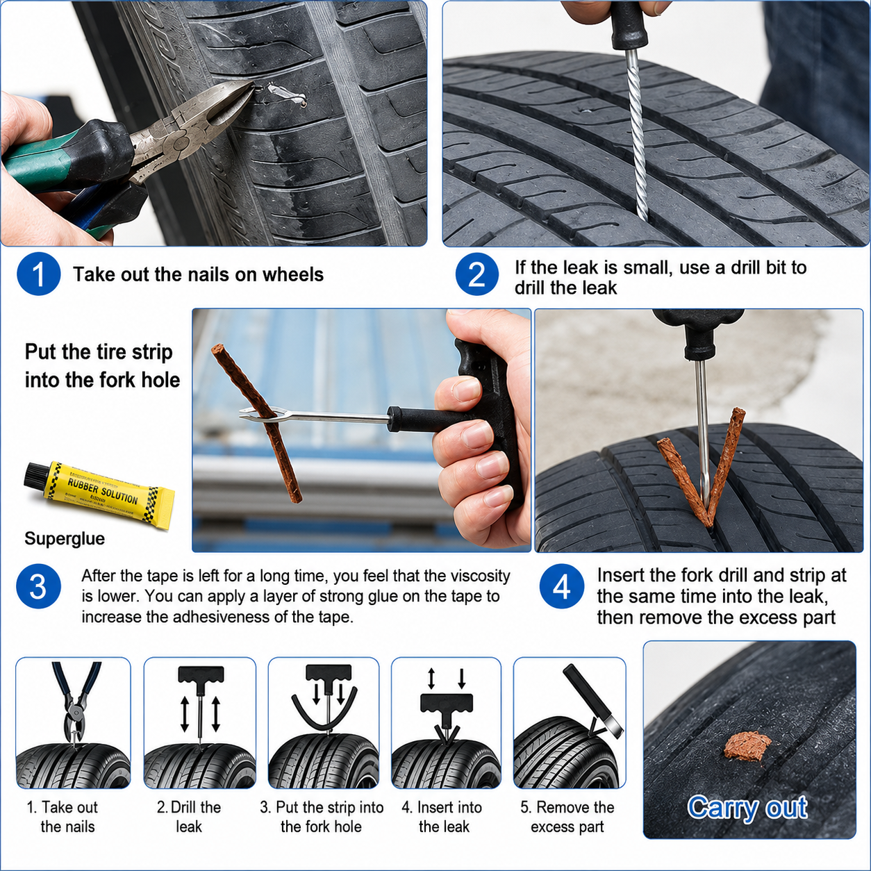 Tyre Puncture Repair Kit with 3 Seal Strips (5 Pcs Set)