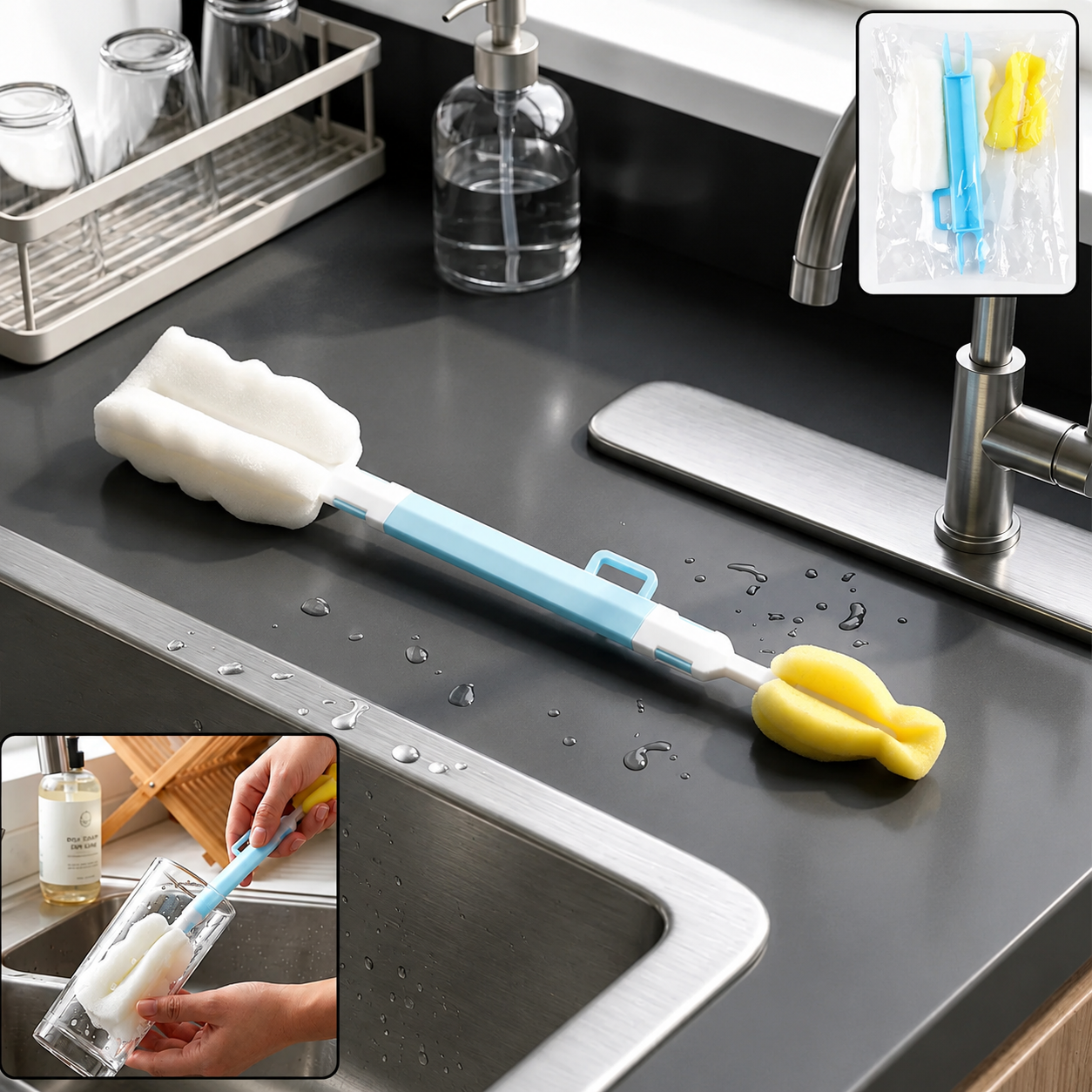 2-in-1 Long Handle Bottle Cleaning Brush Set, Sponge Cup Cleaner with Replaceable Soft Foam Heads, Reusable Kitchen Cleaning Tool for Glasses, Baby Bottles, Cups & Tumblers