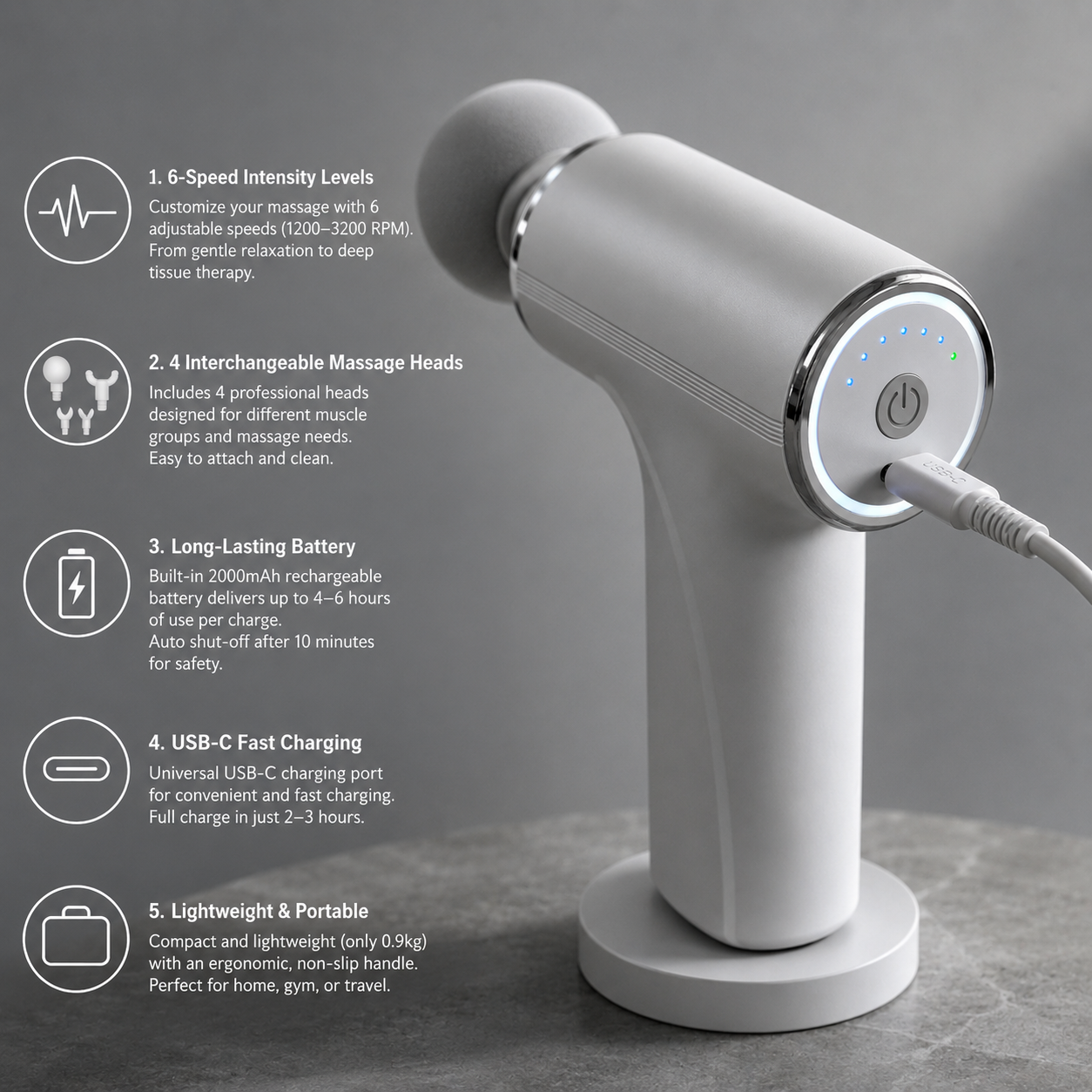 Portable Massage Gun for Deep Tissue Muscle Relaxation | Handheld Full Body Massager with 4 Interchangeable Heads | Quiet & Lightweight | Long Battery Backup