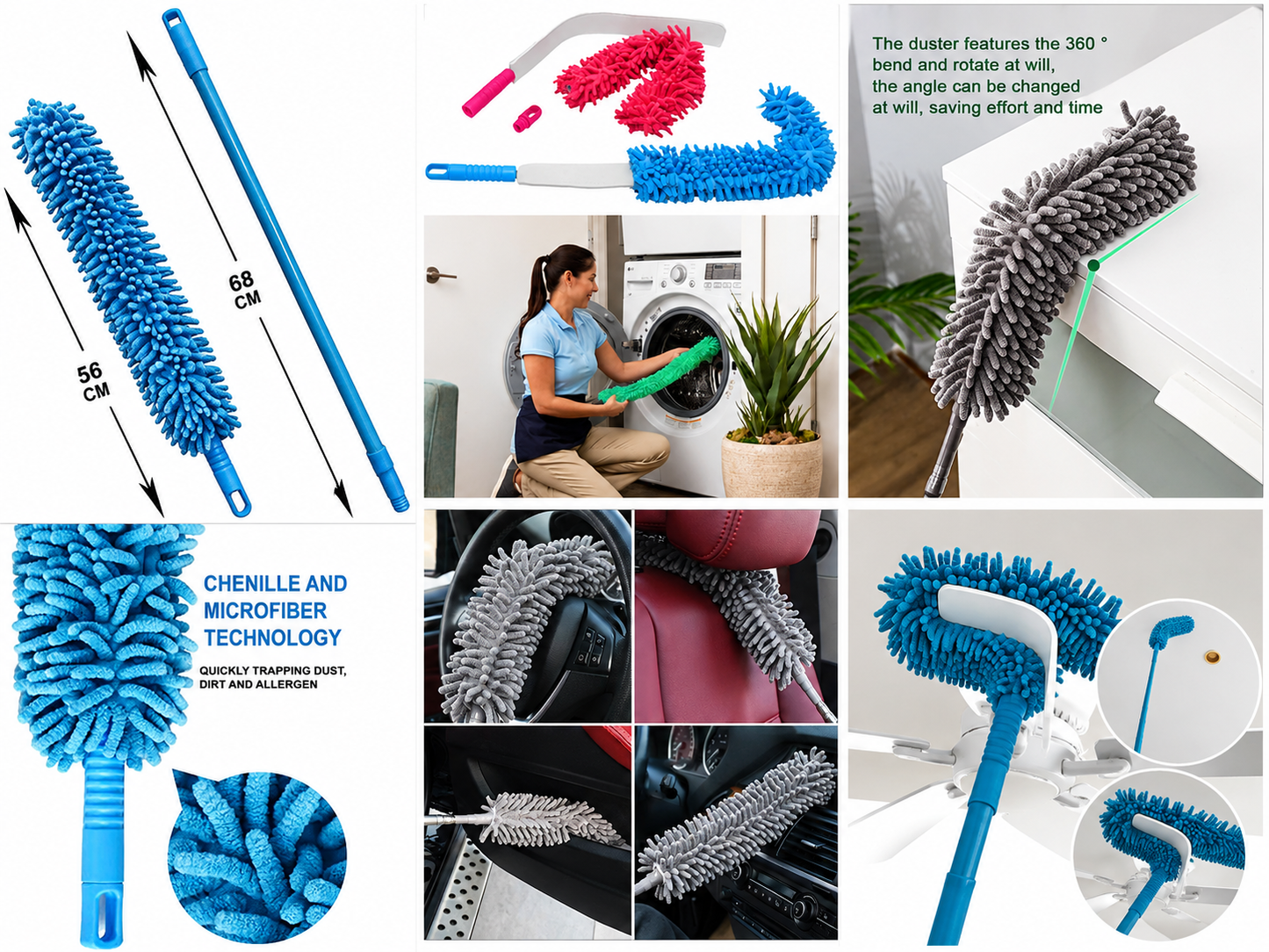 Flexible Microfiber Ceiling Fan Duster with Extendable Long Handle | Bendable Chenille Cleaning Brush for Ceiling Fans, Walls, Corners & High Ceilings | Reusable Washable Dust Cleaner Tool
