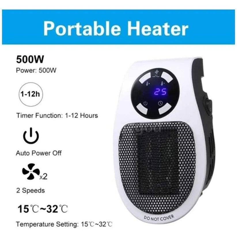 500W Portable Plug-In Space Heater, Mini Wall Outlet Electric Heater with LED Display, Adjustable Thermostat (15°C-32°C), 1-12H Timer & 2 Fan Speeds, Auto Power Off Safety Feature for Home, Office, and Desk