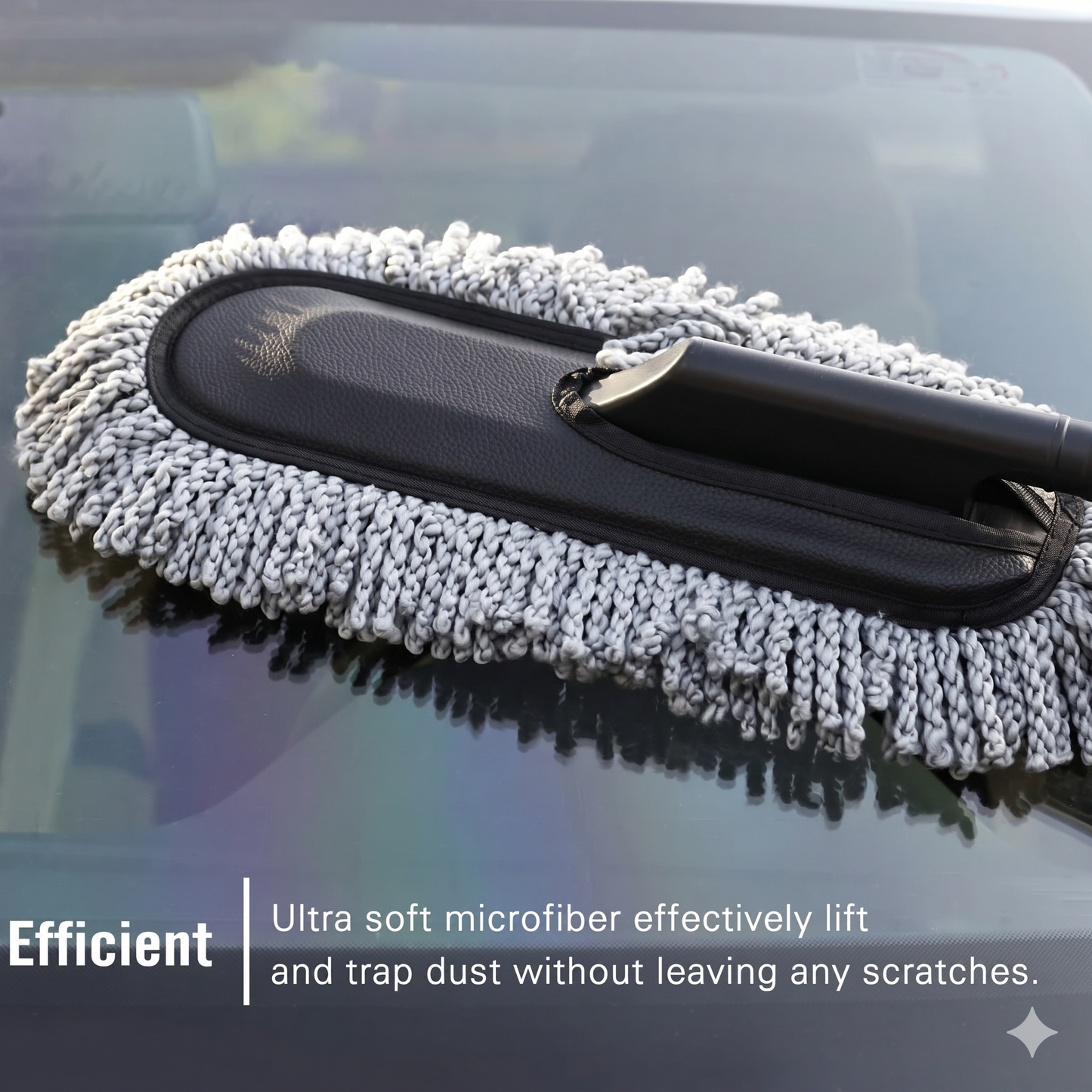 Premium Microfiber Car Duster with Stainless Steel Handle – Scratch-Free Exterior & Interior Auto Cleaning Brush – Wet/Dry Use, Anti-Slip EVA Grip, Synthetic Leather Detail (Grey)