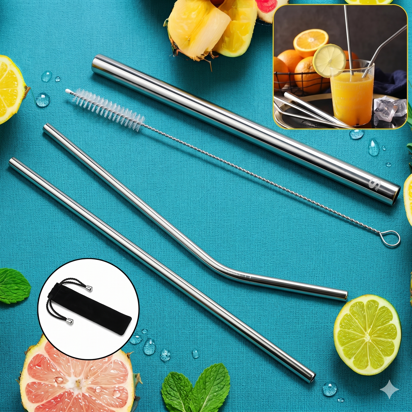 Premium Reusable Stainless Steel Straws Set – 3 Metal Metal Straws (Straight, Bent, Wide/Boba), Cleaning Brush & Portable Travel Pouch, Eco-Friendly Metal Drinking Straws for Tumblers, Smoothies & Cold Beverages (Silver)