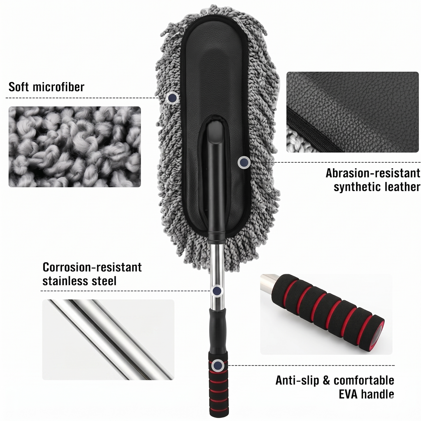 Premium Microfiber Car Duster with Stainless Steel Handle – Scratch-Free Exterior & Interior Auto Cleaning Brush – Wet/Dry Use, Anti-Slip EVA Grip, Synthetic Leather Detail (Grey)