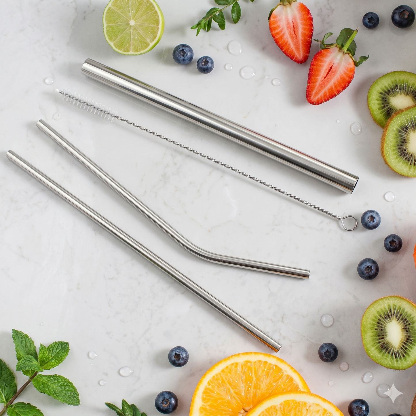 Premium Reusable Stainless Steel Straws Set – 3 Metal Metal Straws (Straight, Bent, Wide/Boba), Cleaning Brush & Portable Travel Pouch, Eco-Friendly Metal Drinking Straws for Tumblers, Smoothies & Cold Beverages (Silver)
