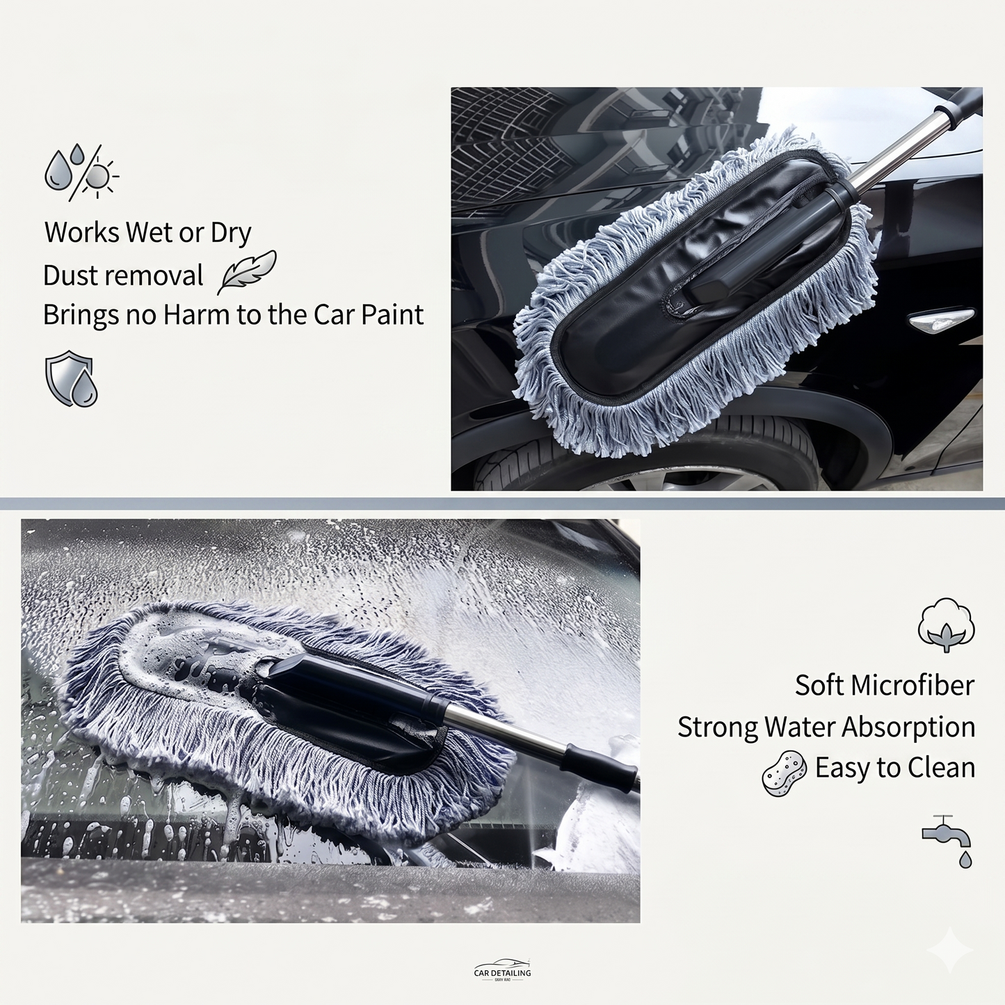 Premium Microfiber Car Duster with Stainless Steel Handle – Scratch-Free Exterior & Interior Auto Cleaning Brush – Wet/Dry Use, Anti-Slip EVA Grip, Synthetic Leather Detail (Grey)