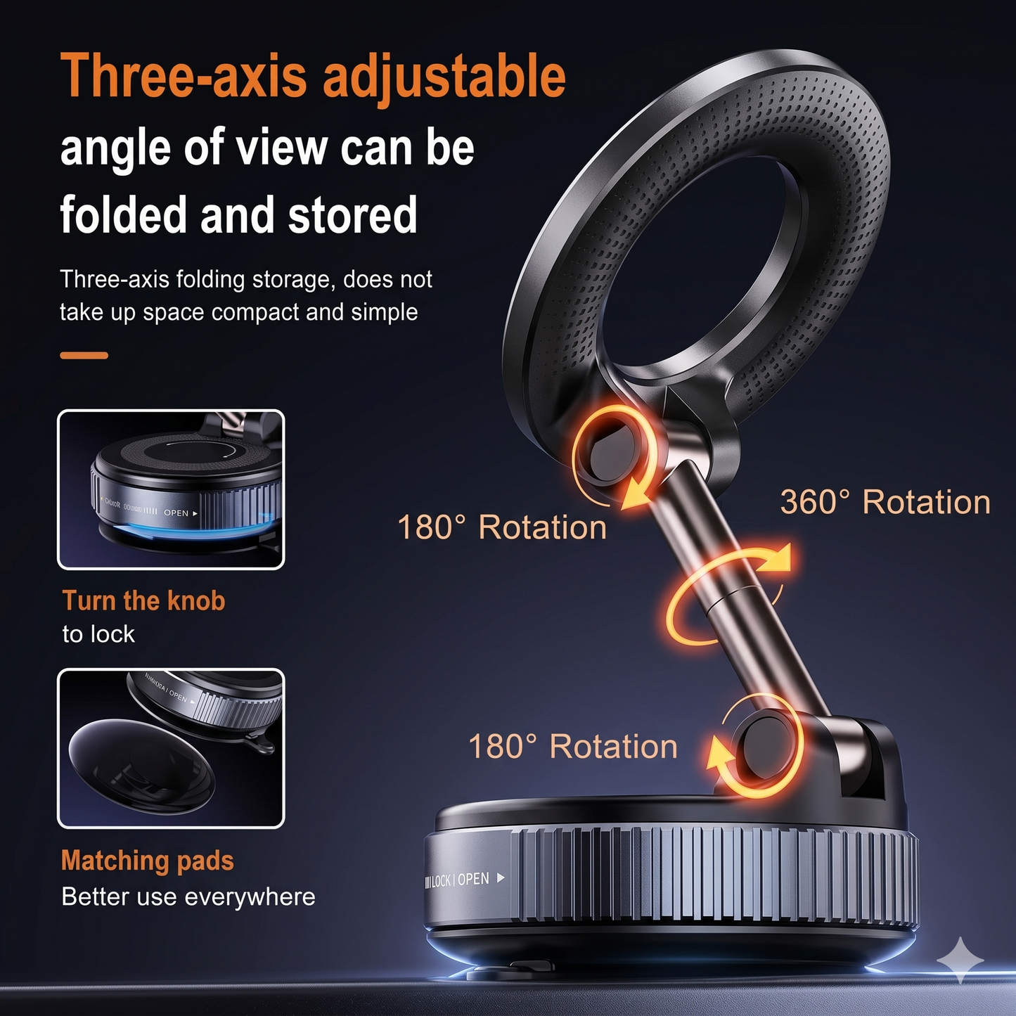 Universal Magnetic Phone Mount, Foldable 3-Axis Adjustable MagSafe Stand with Upgraded Suction Cup, 360° Rotation Multi-Purpose Phone Holder for Car Dashboard, Desk, Kitchen, and Live Streaming - Black