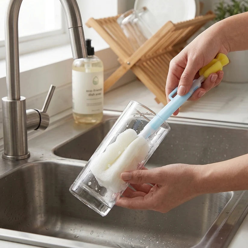 2-in-1 Long Handle Bottle Cleaning Brush Set, Sponge Cup Cleaner with Replaceable Soft Foam Heads, Reusable Kitchen Cleaning Tool for Glasses, Baby Bottles, Cups & Tumblers