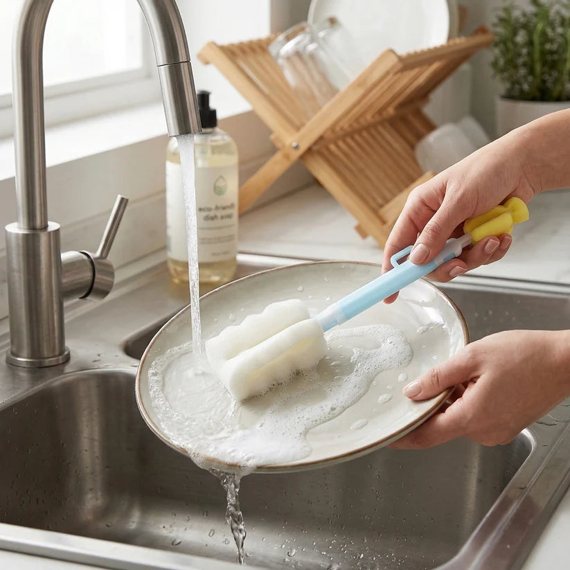 2-in-1 Long Handle Bottle Cleaning Brush Set, Sponge Cup Cleaner with Replaceable Soft Foam Heads, Reusable Kitchen Cleaning Tool for Glasses, Baby Bottles, Cups & Tumblers