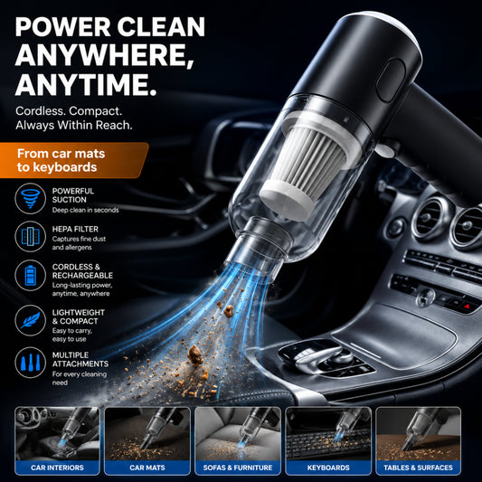 Portable Handheld Vacuum Cleaner, 3-in-1 Cordless Mini Car Vacuum with HEPA Filter, USB Rechargeable, Powerful Suction & Low Noise, Lightweight Small Dustbuster for Home, Office, and Car Detailing (Black)